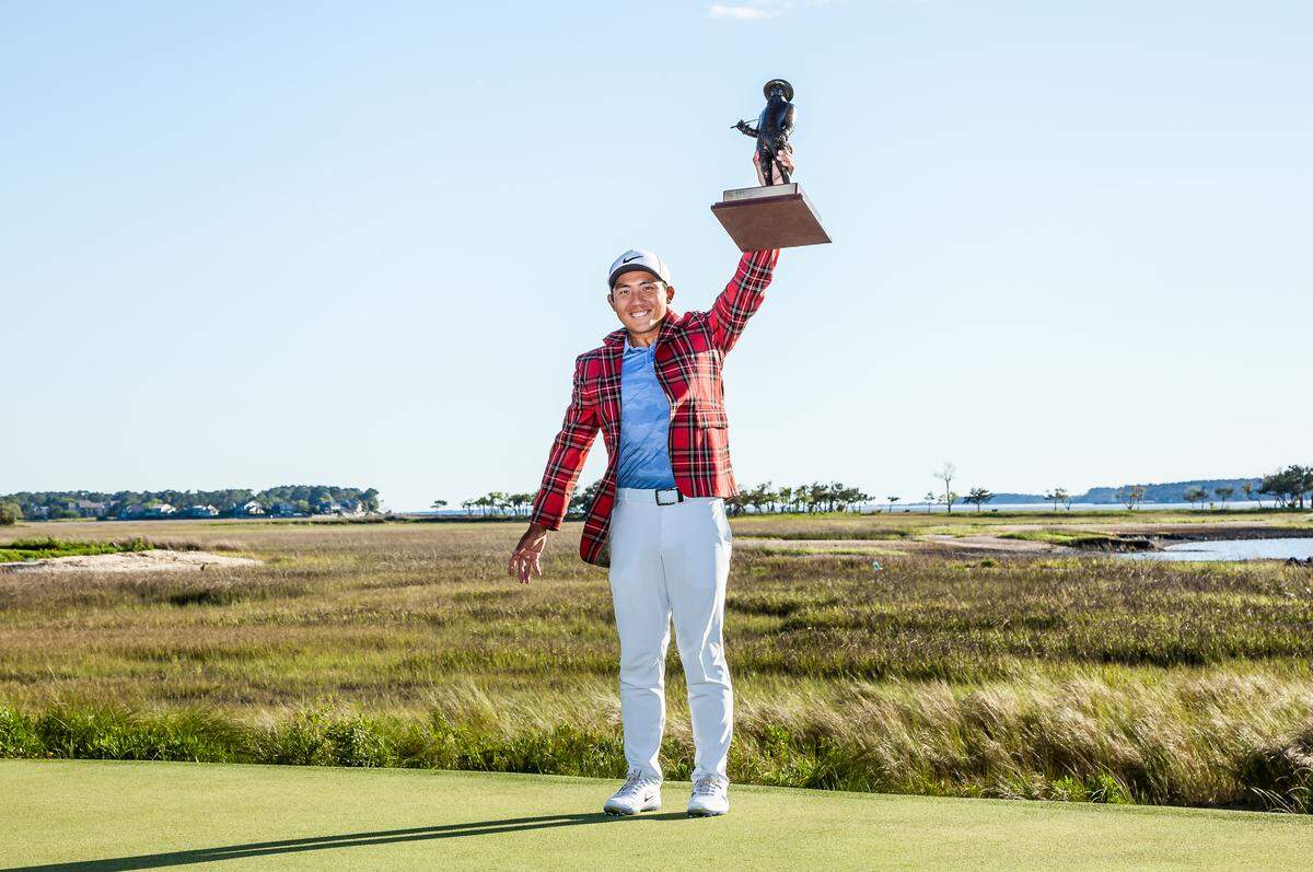 C.T. Pan celebrates his victory on Sunday afternoon following the final round of the RBC Heritage Presented by Boeing at Harbour Town Golf Links at Sea Pines on Hilton Head Island.