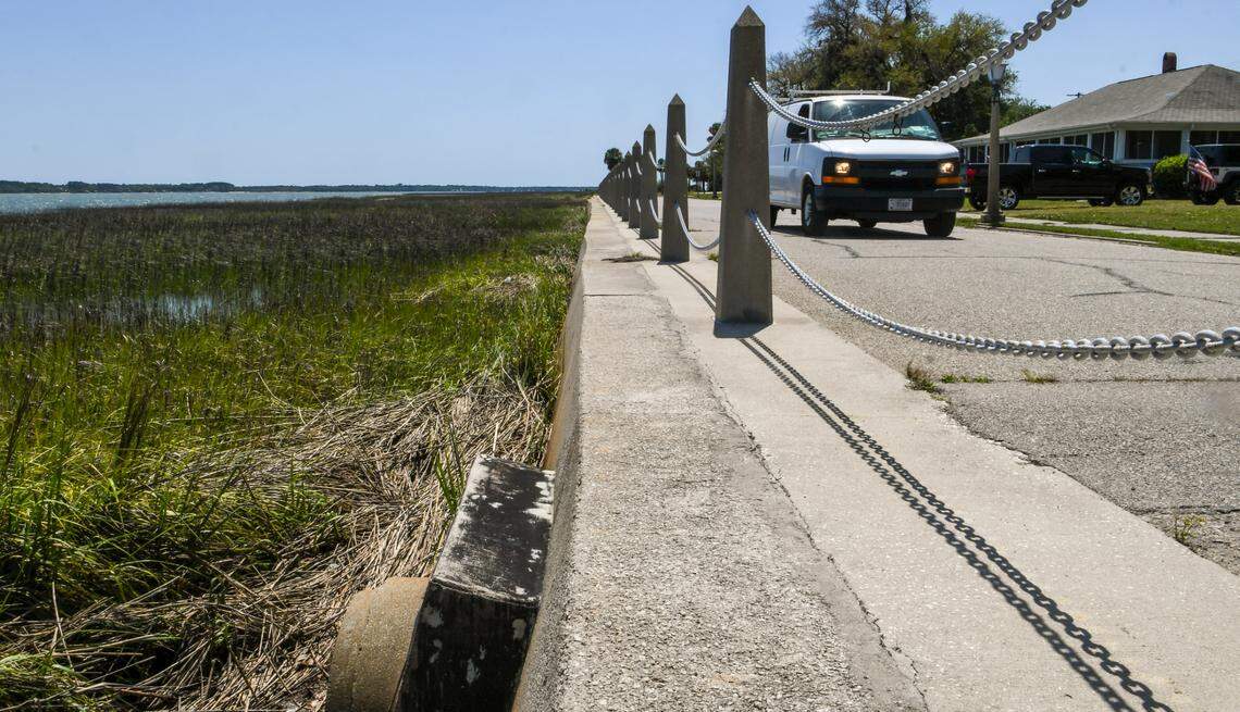 A seawall runs along Nicaragua Street, protecting the homes for officers as seen on April 20, 2022 on Marine Corps Recruit Depot Parris Island. The military plans to build oyster reefs to stabilize the island’s shorelines from the current of the river.