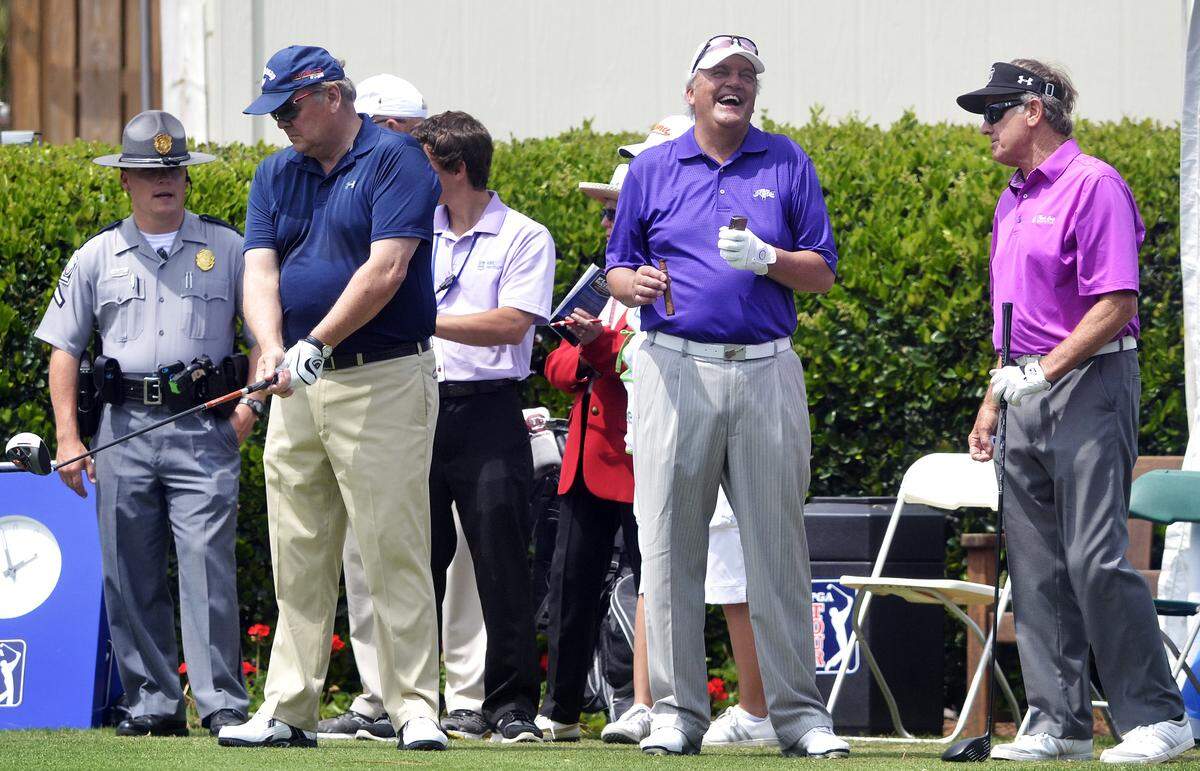 From left: Chuck Beaman, Joe Rice, and Steve Spurrier, prepare to tee off on the 1st hole while playing with professional Robert Streb, not pictured, during the RBC Heritage Pro-Am during the RBC Heritage Presented by Boeing on April 15, 2015, at Harbour Town Golf Links in Sea Pines on Hilton Head Island S.C.. Spurrier is the former head football coach of the University of South Carolina Gamecocks.
