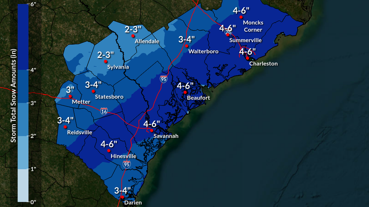 Beaufort County, SC, is expected to get between 4 to 6 inches of snow, according to the National Weather Service.