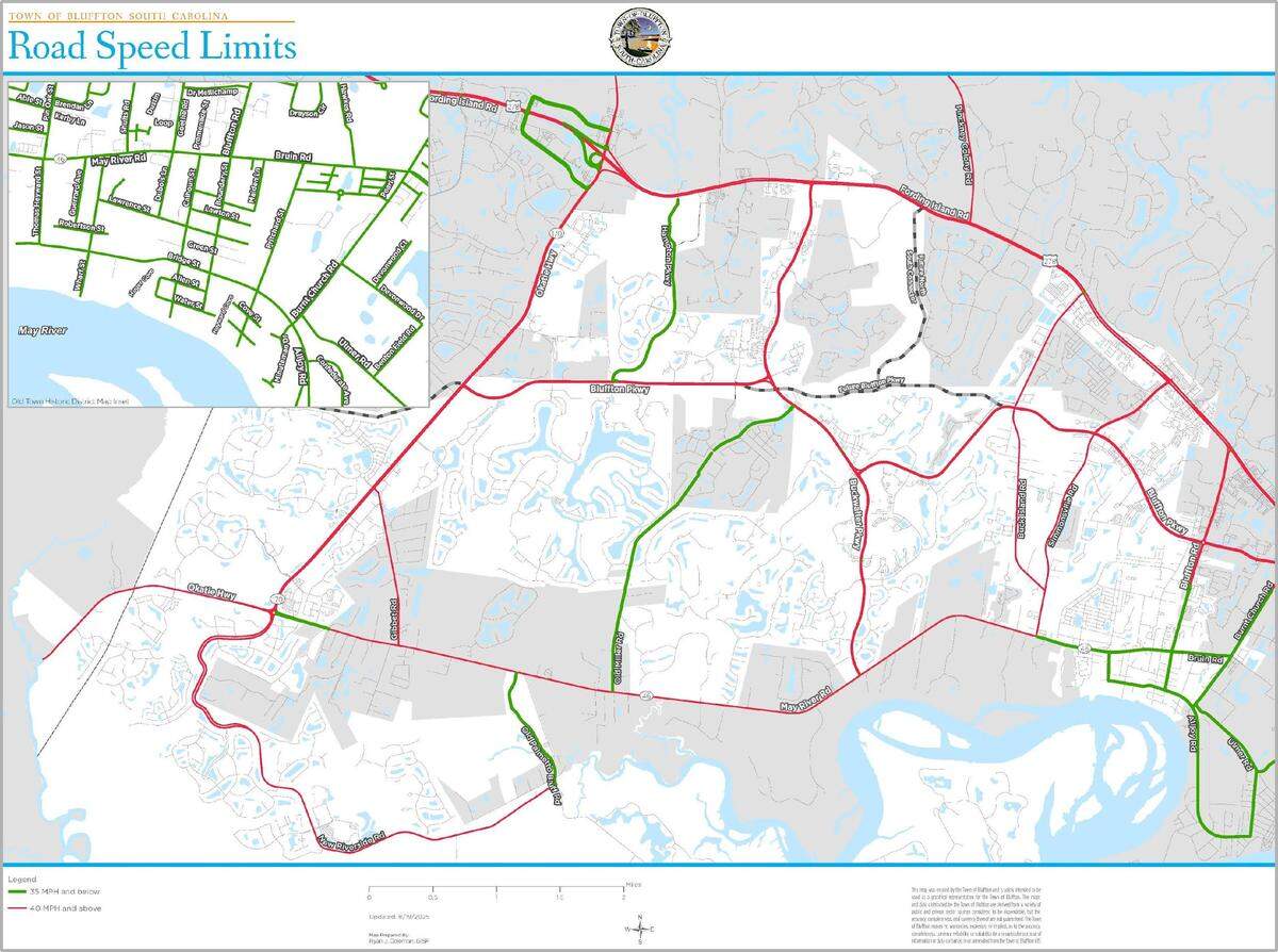 Road speed limits in Bluffton. All roadways in green have speed limits at or below 35 mph.