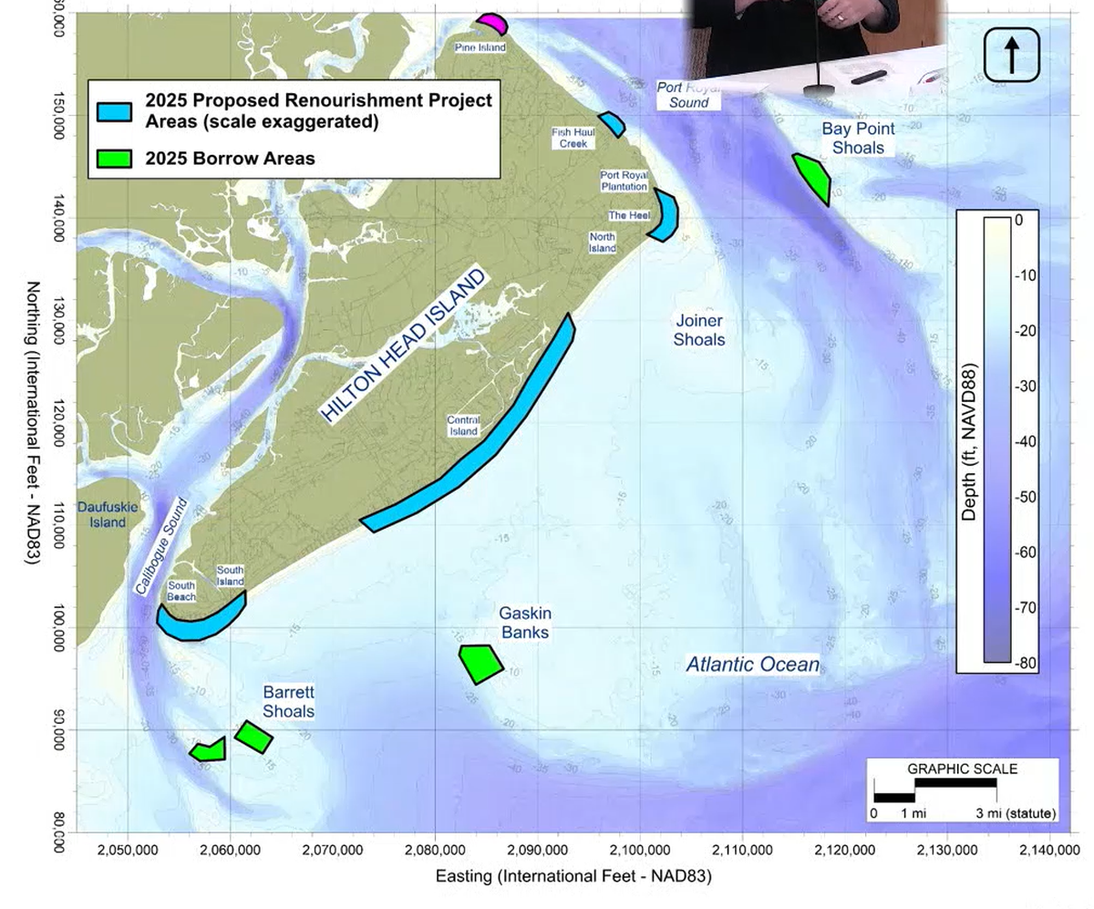 A map of where the Town of Hilton Head Island plans to renourish it’s beaches in 2025.
