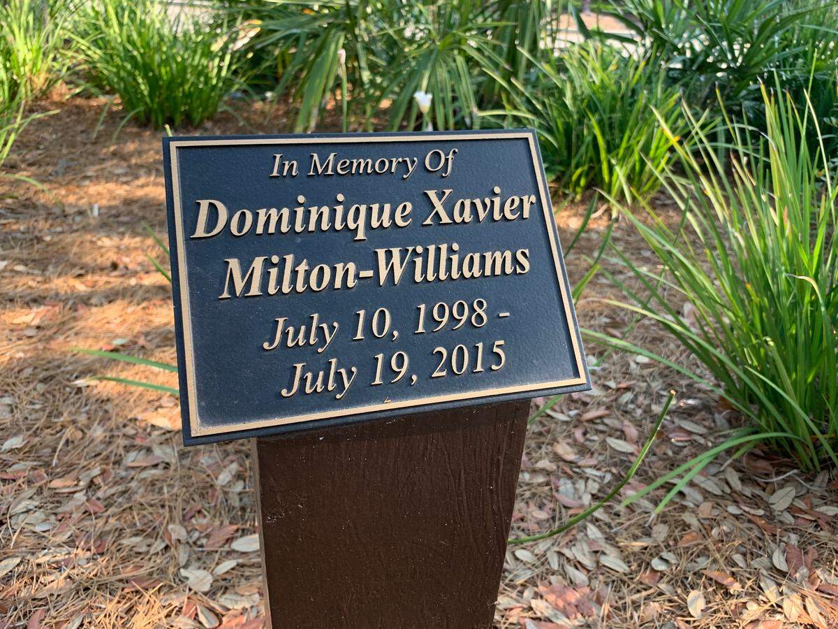 A plaque marks the area where Dominique Williams, 17, was fatally shot at Coligny Beach on Hilton Head Island in July 2015.