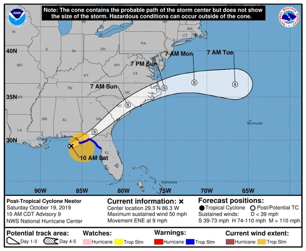The projected path of Tropical Storm Nestor as of Saturday morning, according to the National Weather Service in Charleston.