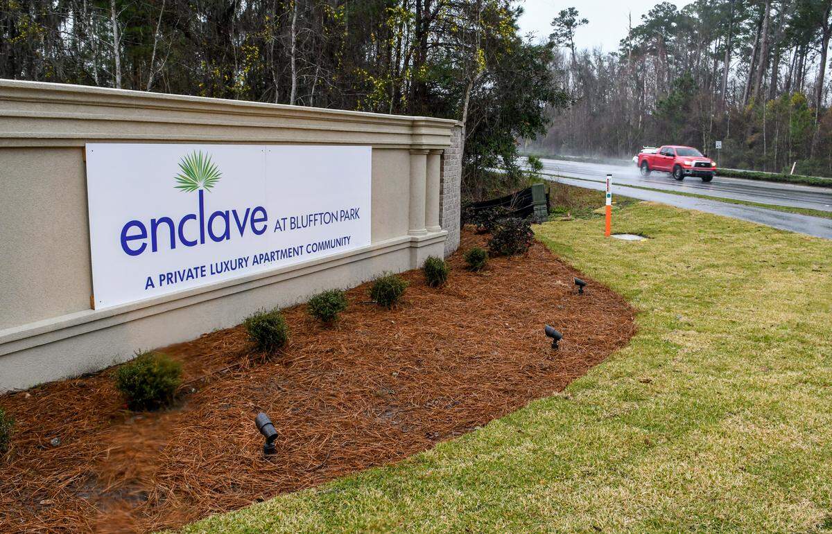 The entrance to Enclave at Bluffton Park, as seen on Tuesday, Feb. 18, 2020, is a new luxury apartment complex located off of Bluffton Parkway just east of Red Cedar Street in greater Bluffton.