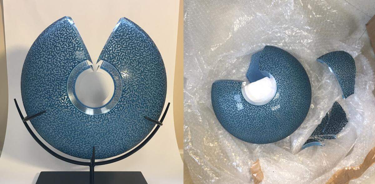 A before and after collage shows Azure Mbola, Carrie Gustafson’s piece of glass artwork shown in a gallery (left) and how it arrived back to her from Hilton Head Art League.