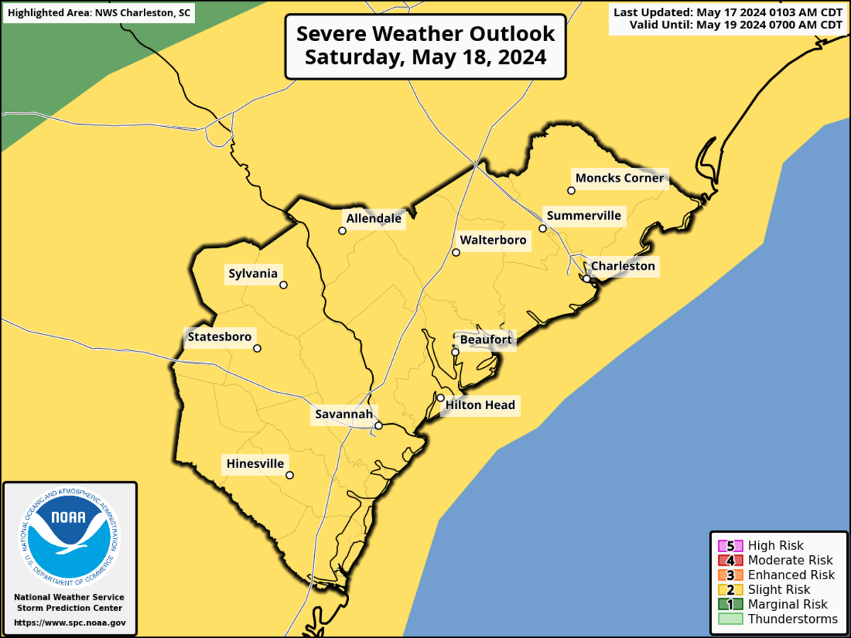 Possible incoming weather Saturday, May 18, 2023, could send to Beaufort County, South Carolina, severe storms, including damaging wind gusts and hail.