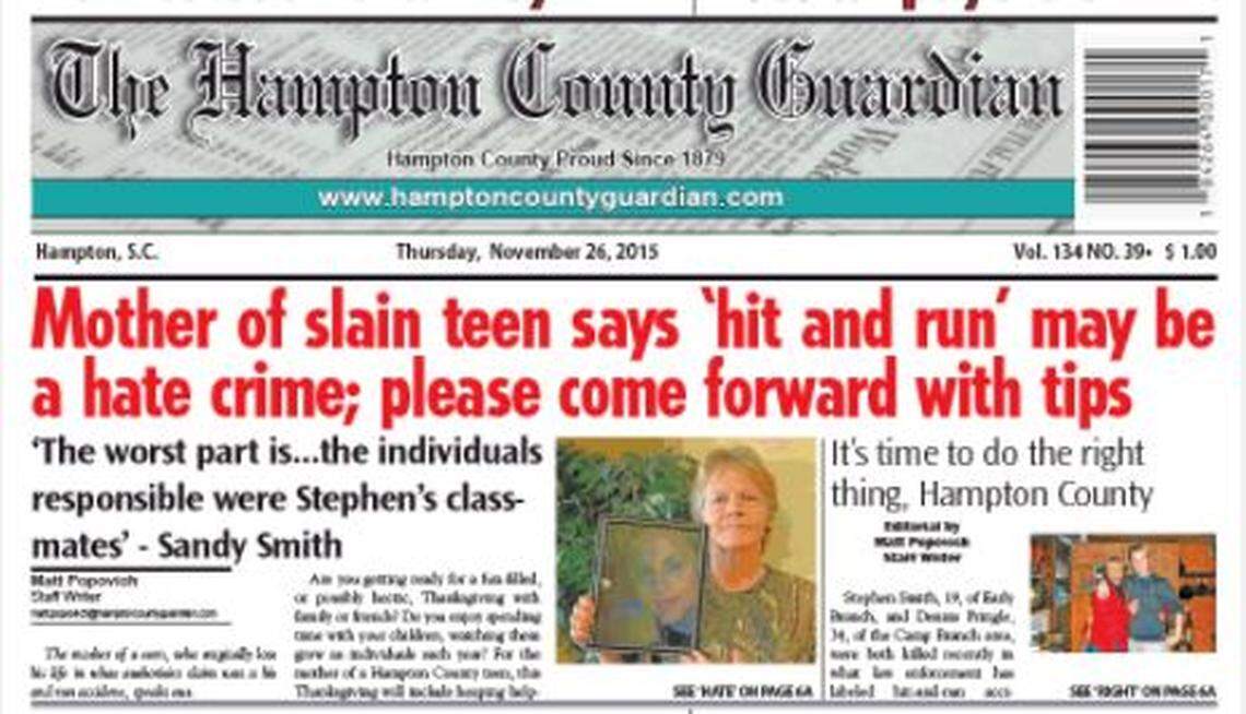 A screenshot of an article in the Hampton County Guardian about Stephen Smith’s death in 2015.