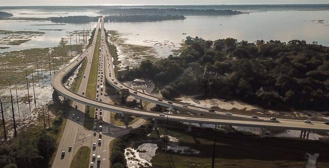 Bluffton flyover traffic bottlenecks with eastbound U.S. 278 traffic during the morning rush hour on Thursday, Oct. 21, 2021 onto the two-lane bridges of Hilton Head Island.