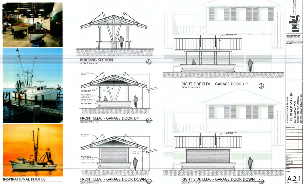 The new bar is designed to evoke the look and feel of a classic fishing boat, with wood lap siding and timber columns designed to look like outriggers.