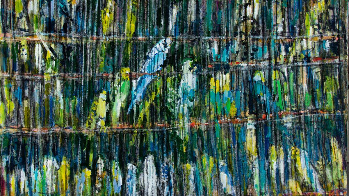 “Bird Land” by artist Louanne LaRoche is a 48-inch by 48-inch mixed-media piece in charcoal and crayon on canvas.
