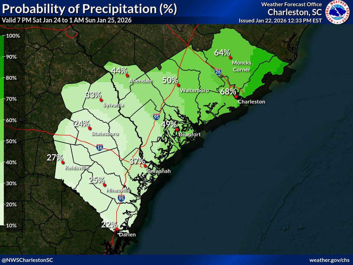 Saturday now brings a 40-50% chance of rain, with total amounts expected to stay light through Sunday morning, with totals under one-tenth of an inch. Rain chances increase to 80% Sunday evening.