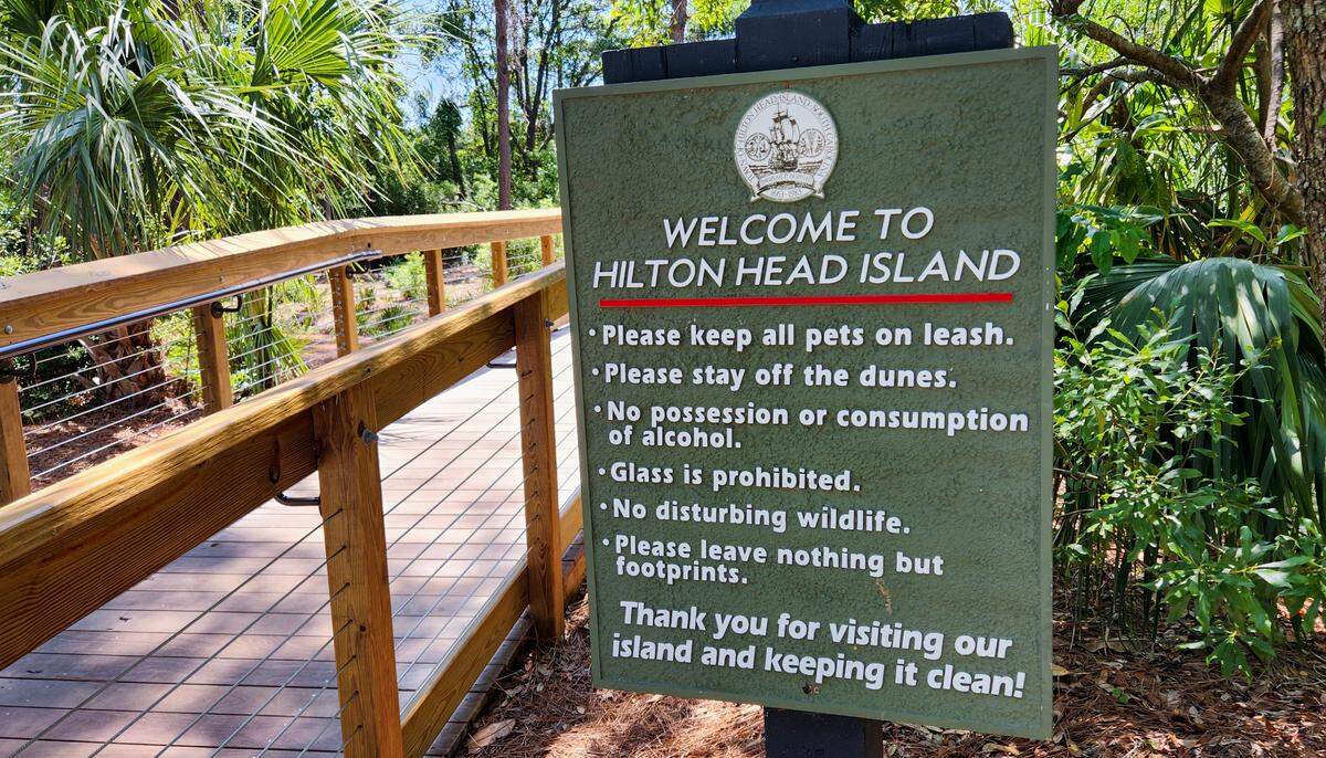 An abbreviated not allowed list greets visitors before they use the boardwalk to get to the beach at Folly Field Beach Park as seen in this photo taken on May 23, 2024 on Hilton Head Island. Smoking and vaping are not listed on the “not allowed on beach” list.