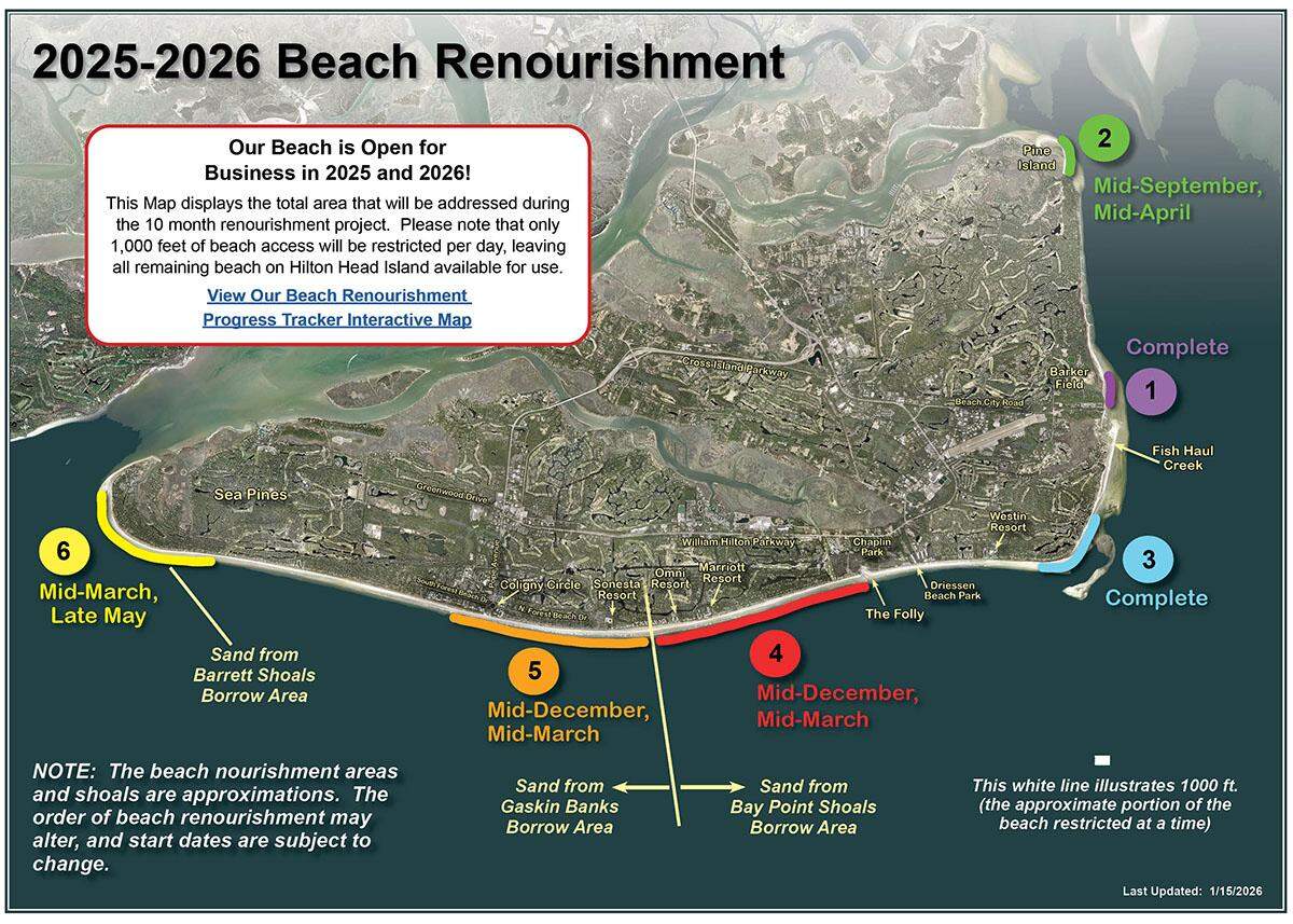 Central Island areas, including beach areas along Palmetto Dunes, are scheduled to see work through March 28, 2026. South Island and South Beach areas are scheduled for work through May 31, 2026.