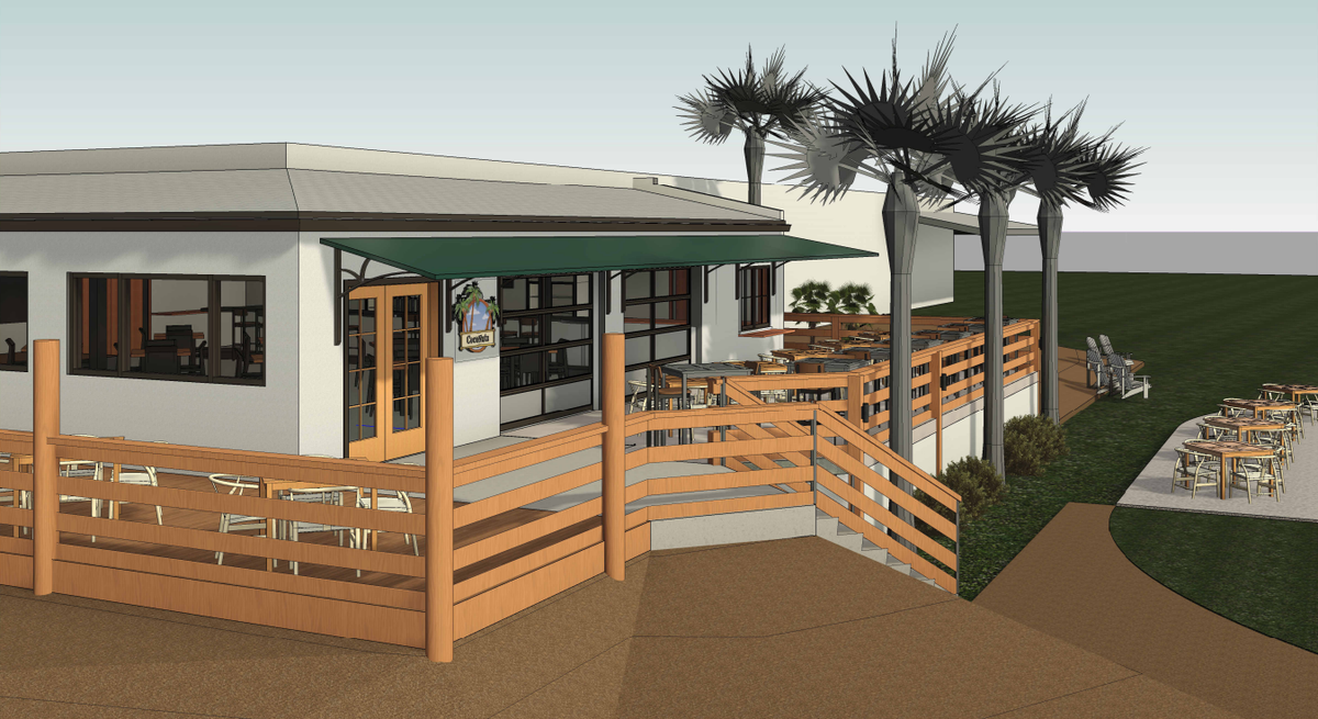 An architectural rendering shows how the entrance to CocoNutz facing Folly Field Rd will be completely transformed.