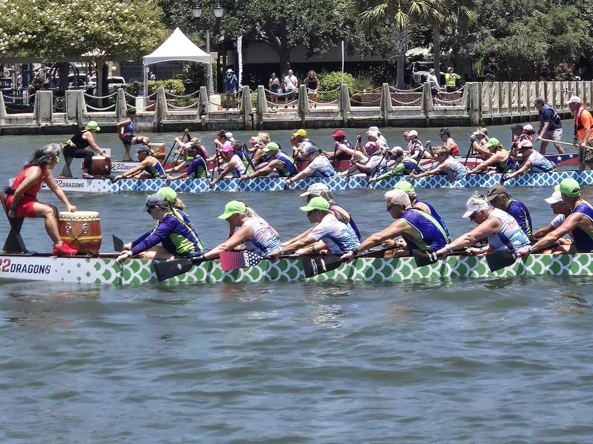 With the promenade in the background, dragon boat teams compete during the 2025 dragon boat races. Because the city has closed the board walk, this year’s races have been moved to Port Royal.