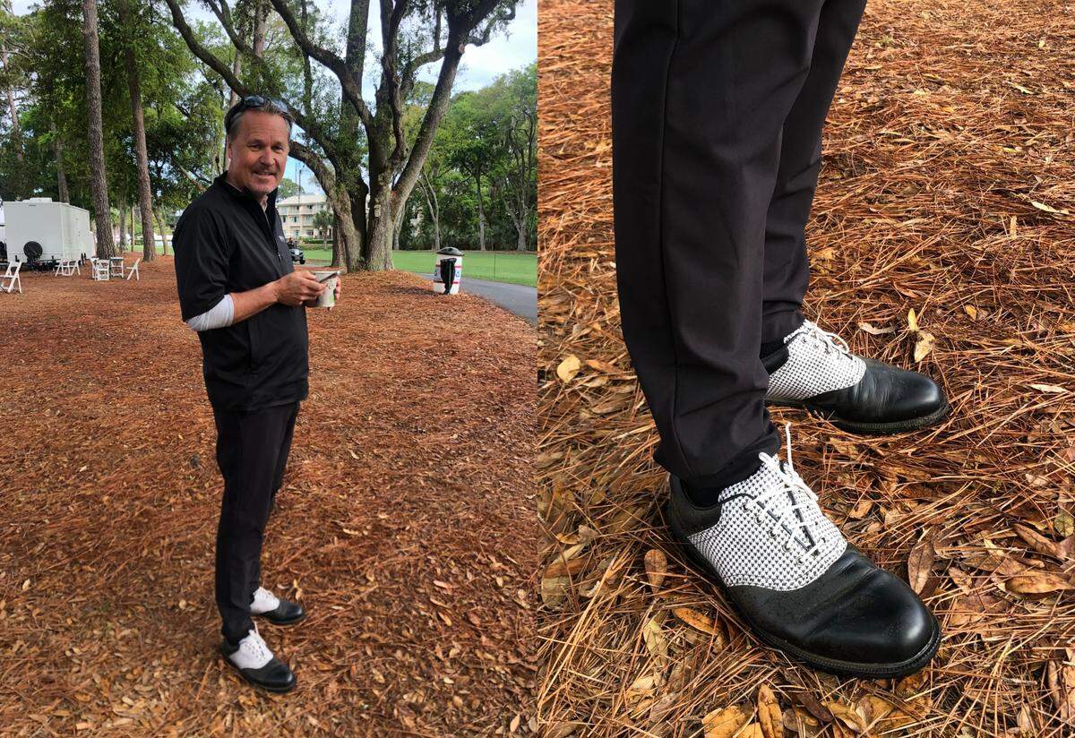 Mark Horton, who was visiting from London, was sporting a pair of houndstooth Footjoy Icons near the concession stand on the first hole fairway at RBC Heritage Presented by Boeing 2021.