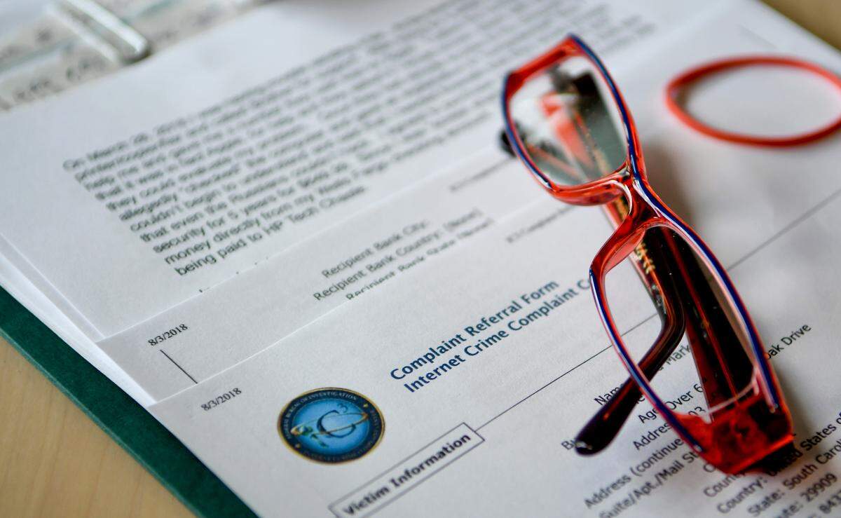 Documentation that Laura Marks, a resident of Sun City Hilton Head, filled out to the Federal Bureau of Investigation for Internet fraud. Marks got bilked out of $18,000 when a scammer got into her bank account and held her money hostage. 