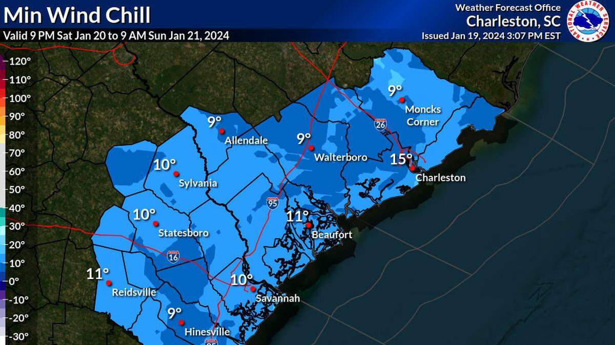 Beaufort County and surrounding areas could experience “feels-like” temperatures as low as 11 degrees Saturday night heading into Sunday morning. The frigid winds are part of an “arctic air mass” that has swept through the U.S. this week.