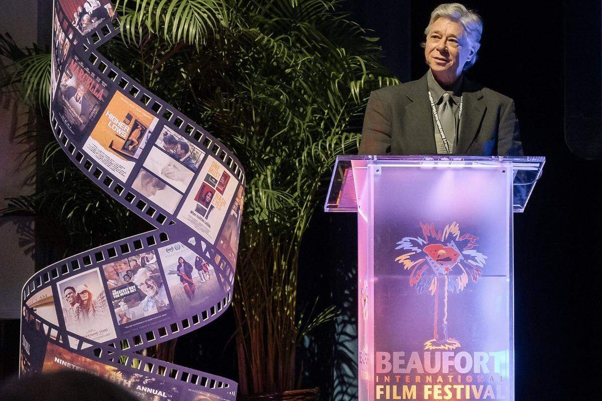 Jeff Evans, the publisher of The Island News, presents at the Beaufort International Film Festival. Evans, a big supporter of the local arts and culture scene in Beaufort, died Saturday.