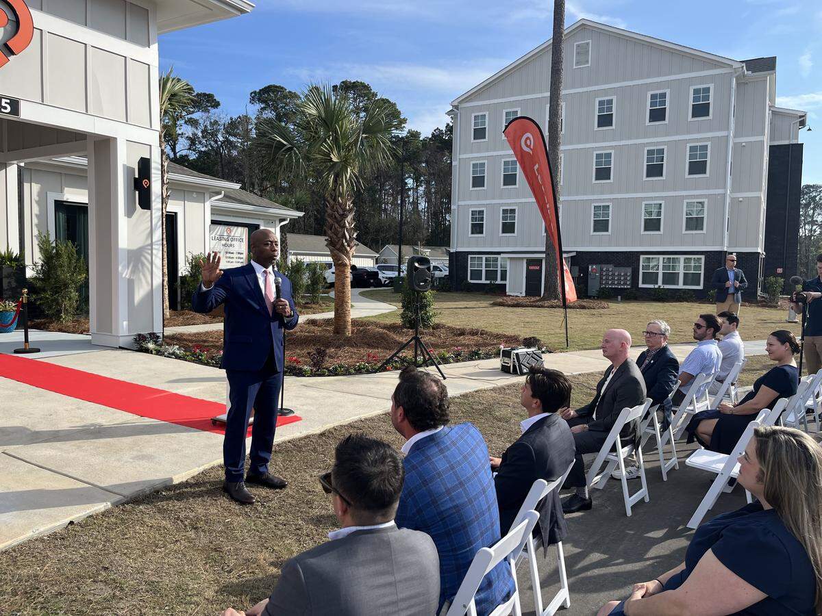 U.S. Sen. Tim Scott, R-SC, speaks during the opening of Pointe Grand apartments in Beaufort Friday. Scott is backing legislation he says will cut red tape to make it easier and quicker to get workforce housing like the Pointe Grand constructed.
