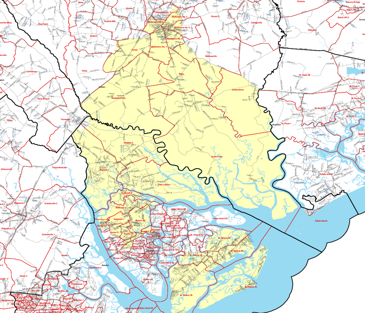 The yellow shows the boundaries of House District 121. It goes clear up to Walterboro and as far south as Fripp and St. Helena islands. It does not include Lady’s Island, but it does include just a sliver of northern Beaufort. Large portions of unincorporated areas like Burton, Dale, Sheldon and Lobeco are also in the district.