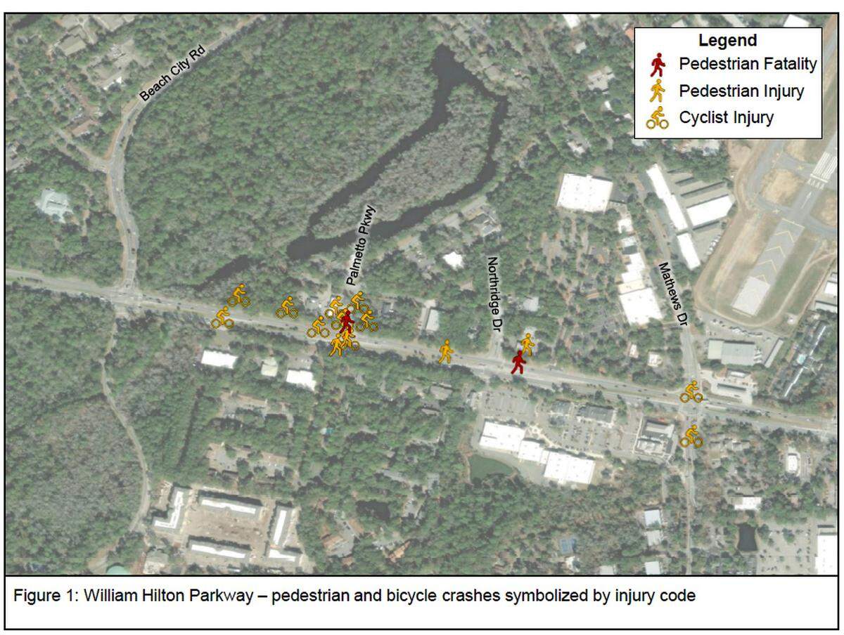 On U.S. 278, from Beach City Road to Mathews Drive, there were 414 recorded crashes from 2019-23 according to the South Carolina Department of Public Safety. 16 of the crashes involved a bicyclist, seven involved a pedestrian, two of which were fatal.