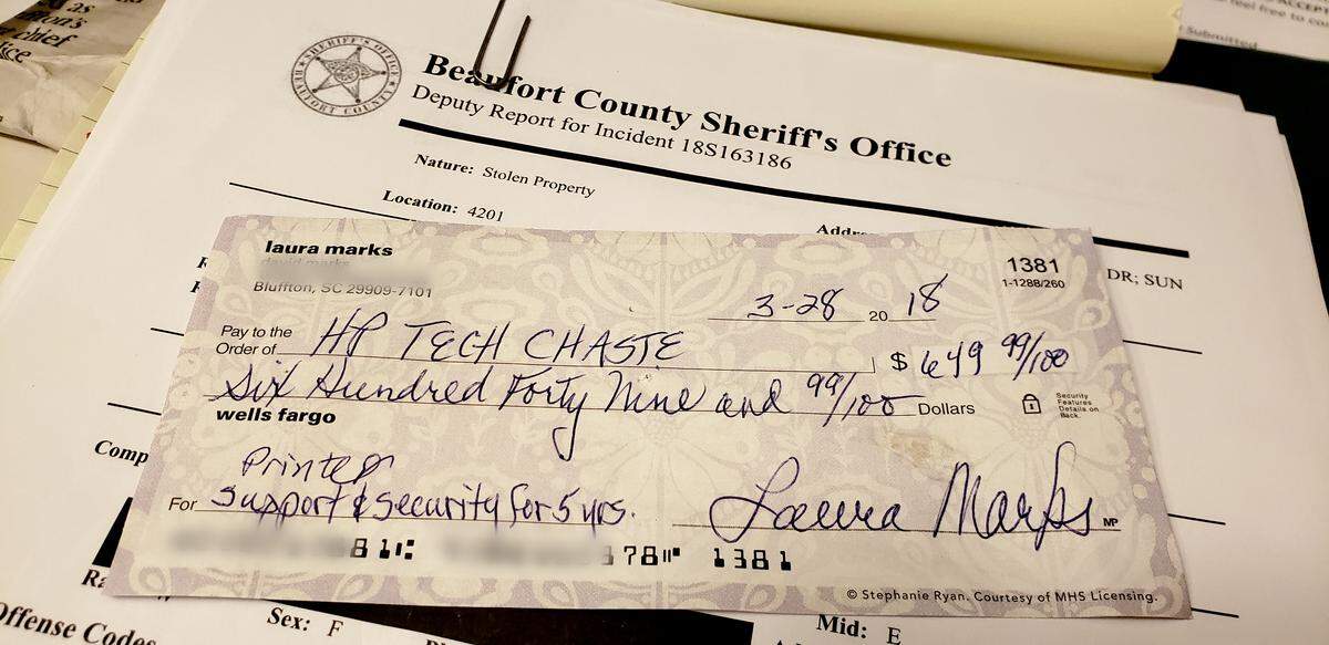 The check that Laura Marks, a Sun City Hilton Head resident wrote to HP Tech Chaste in March to receive firewall protection for her Apple computer. About four months later she received a call saying the company could no longer honor the five-year protection and would issue a refund. That refund turned into a hostage situation in which a scammer held her bank accounts hostage until she gave him $18,000 in gift cards.
