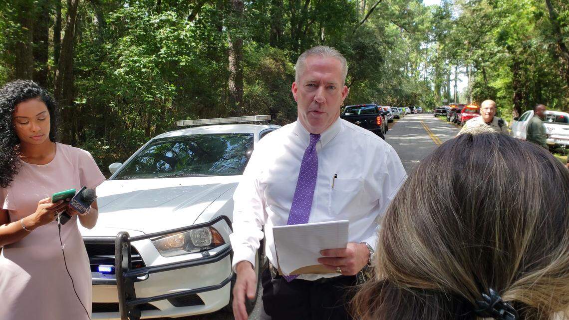 Maj. Bob Bromage, with the Beaufort County SHeriff’s Office, addresses the media in northern Beaufort County when a Marine Corps Air Station jet crashed in March during a training flight in which no injuries were reported.