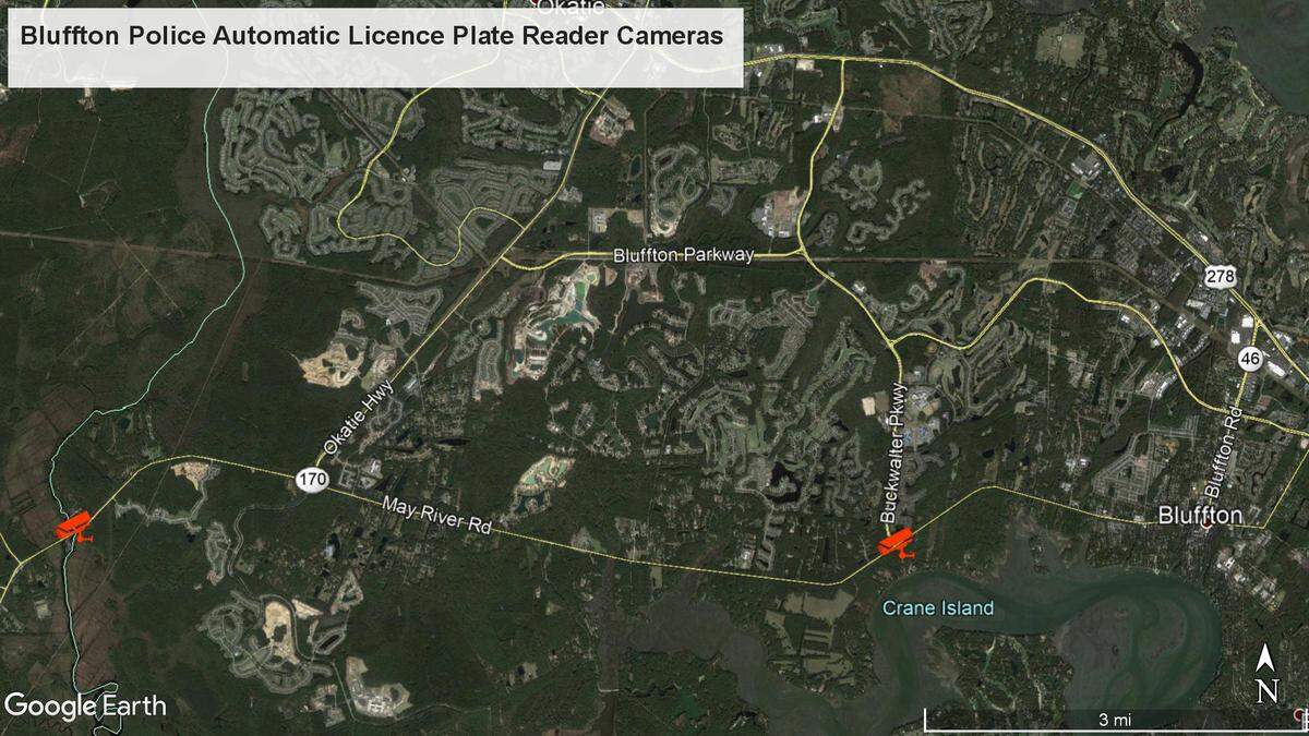 A map that shows the locations for Automatic License Plate Reader cameras in Bluffton, S.C.