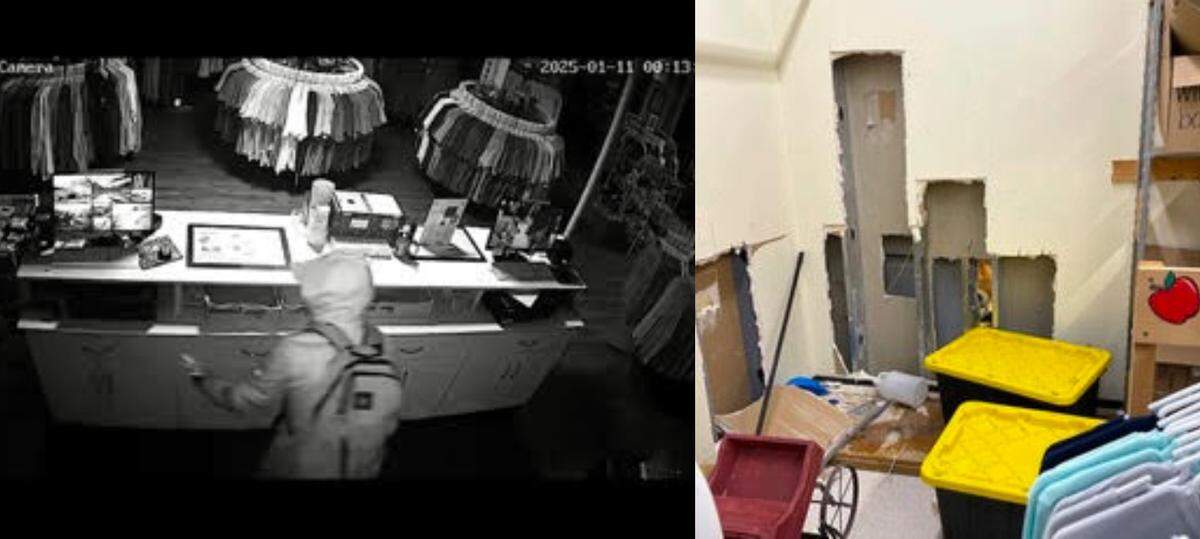 Surveillance video from inside the Salty Dog T-Shirt Factory (left) shows a suspected burglar behind the counter of the store at the Tanger 2 Outlets west of Hilton Head Island shortly after midnight Jan. 11, 2025. Beaufort County investigators say the thieves used power saws to cut holes into neighboring shops, ravaging the T-shirt shop’s dressing room walls in the process (right).