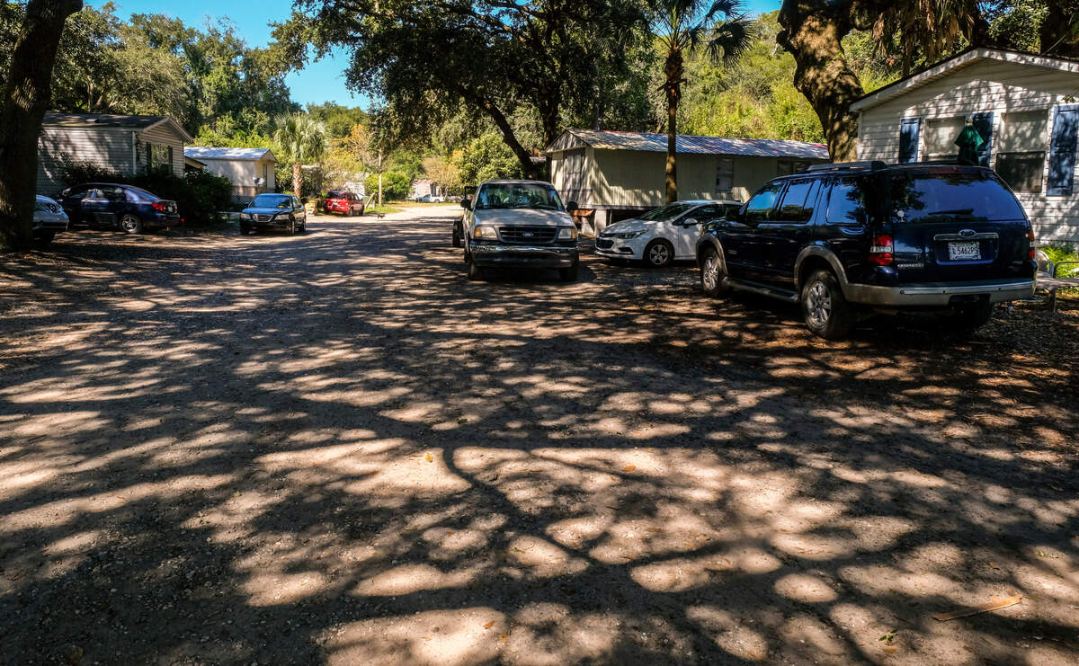 Branches and limbs from live oaks casts a rhythmic pattern of shadows on the dirt road Wednesday, Oct. 20, 2021 at Rollers Trailer Park off Marshland Road on Hilton Head Island. The owner plans to redevelop the Broad Creek waterfront property, reducing the island’s already-limited affordable housing options.