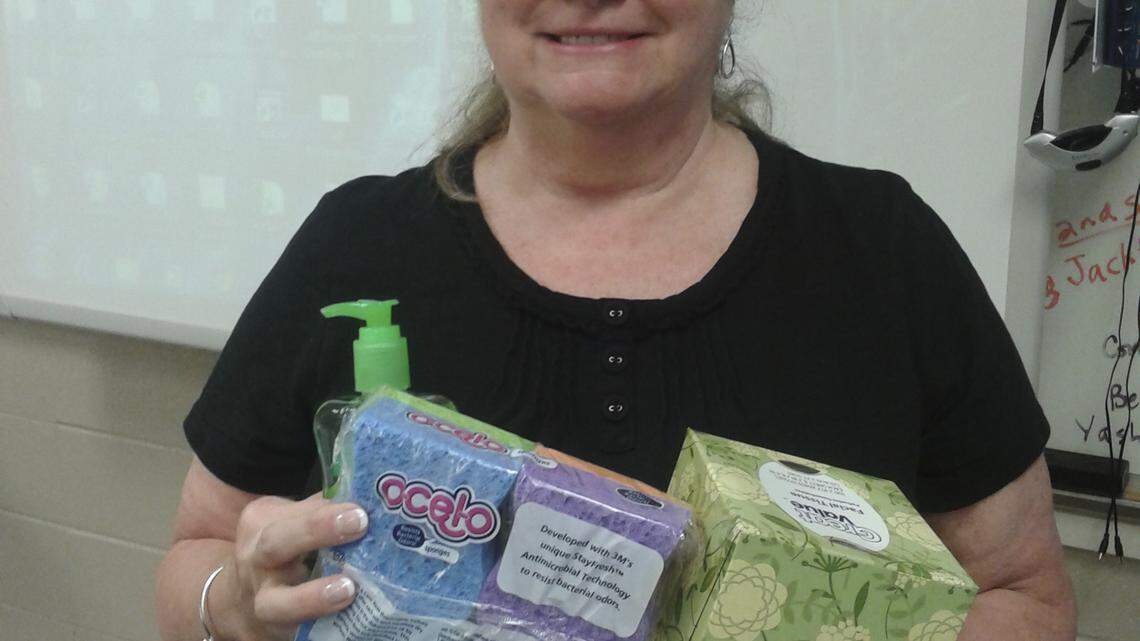 Kathy Weatherhead, pictured here, a 10th- and 12th-grade science teacher at Hilton Head Island High School, received sponges and hand sanitizer from Walmart. 