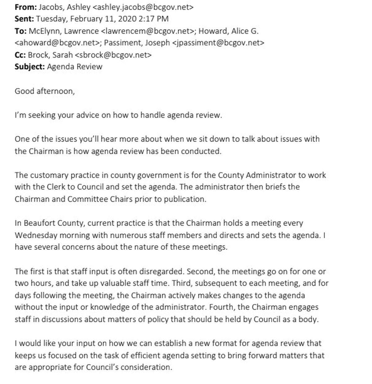 Email from County Administrator Ashley Jacobs regarding Chairman Stu Rodman.