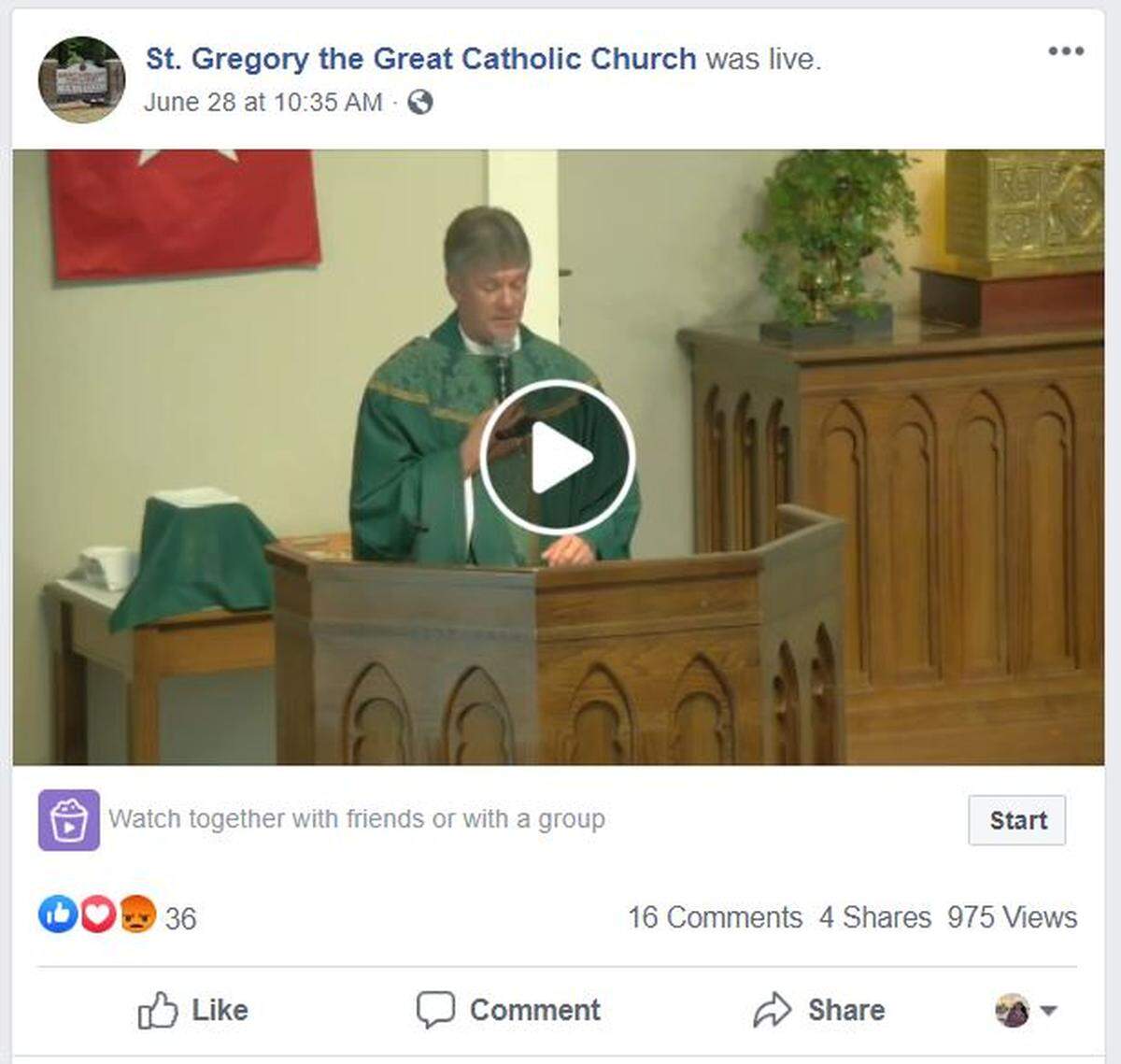 This is a screenshot of a Facebook Live video of St. Gregory the Great Catholic Church’s June 28, 2020, Mass. The video appears to have been deleted since the screenshot was taken on July 8 and concerns were raised about facts involving the COVID-19 pandemic included in the homily.