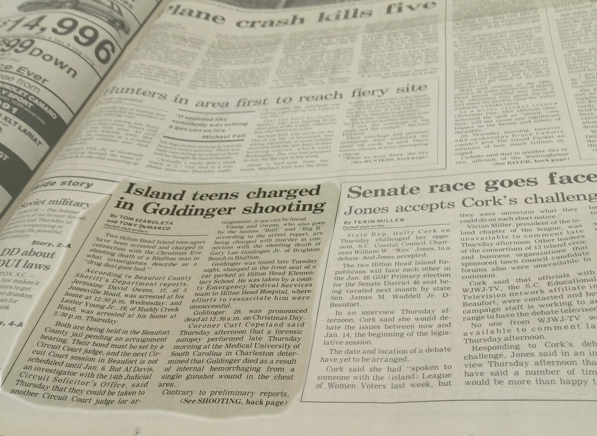 An article on the front page of the Dec. 27, 1991, edition of The Island Packet documents the charging of Lester Young Jr. for his part in the shooting death of Gary Lee Goldinger Jr. of Bluffton's Brighton Beach neighborhood.