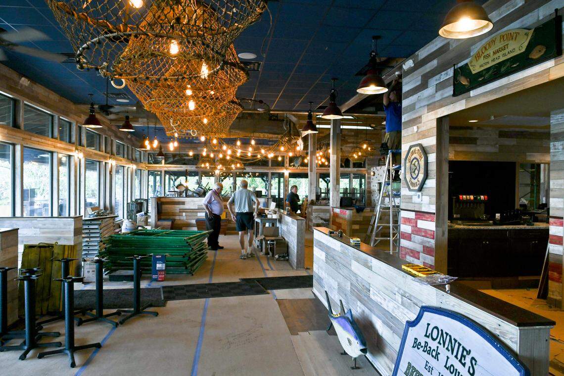After a fire in March closed the Crazy Crab on the north end of Hilton Head Island, work nears completion on Wednesday to the completely revamped restaurant, to the interior as well as the massive outdoor deck and bar.