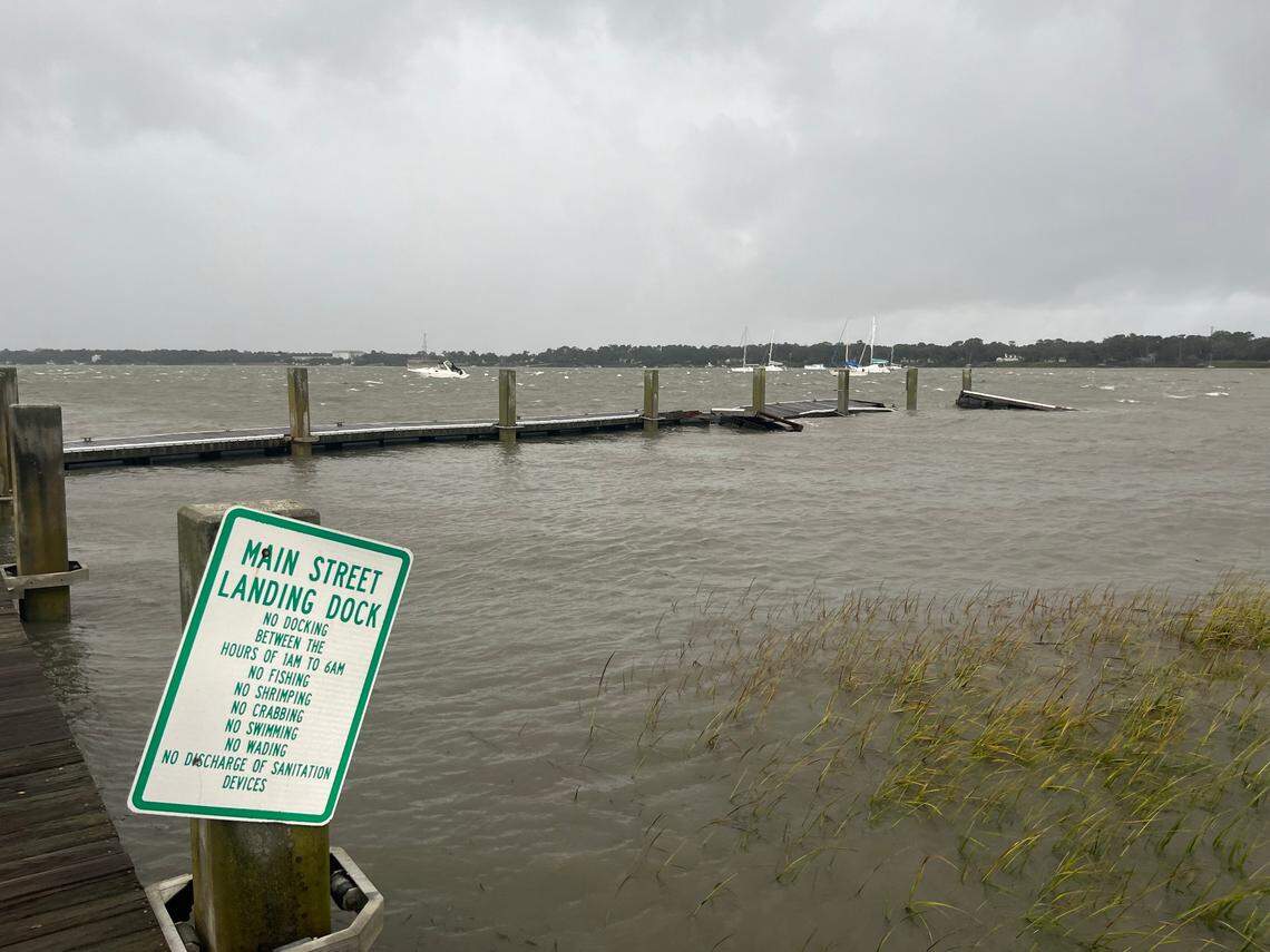 A portion of day dock had crumbled, as seen on Friday morning, Sept. 27, 2024 in Beaufort County, South Carolina.