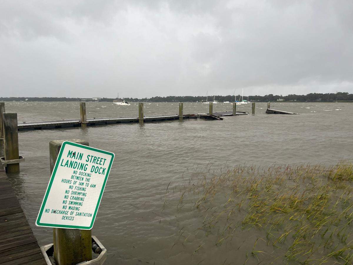 A portion of day dock had crumbled, as seen on Friday morning, Sept. 27, 2024 in Beaufort County, South Carolina due to Hurricane Helene.