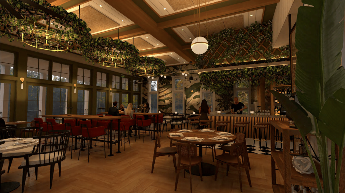Rendered image of the interior of the Greenhouse restaurant and speakeasy coming to Bluffton in November 2025.