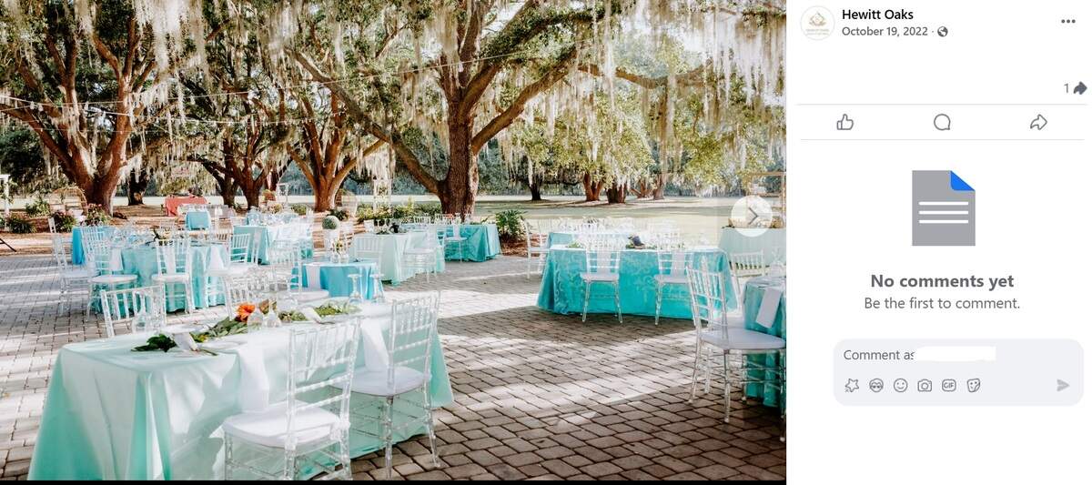 A screenshot from the Facebook page of Hewitt Oaks wedding and event venue. Business owner Bethany Hewitt pleaded guilty to operating without a retail license on Jan. 20, 2026, following her arrest the previous September.