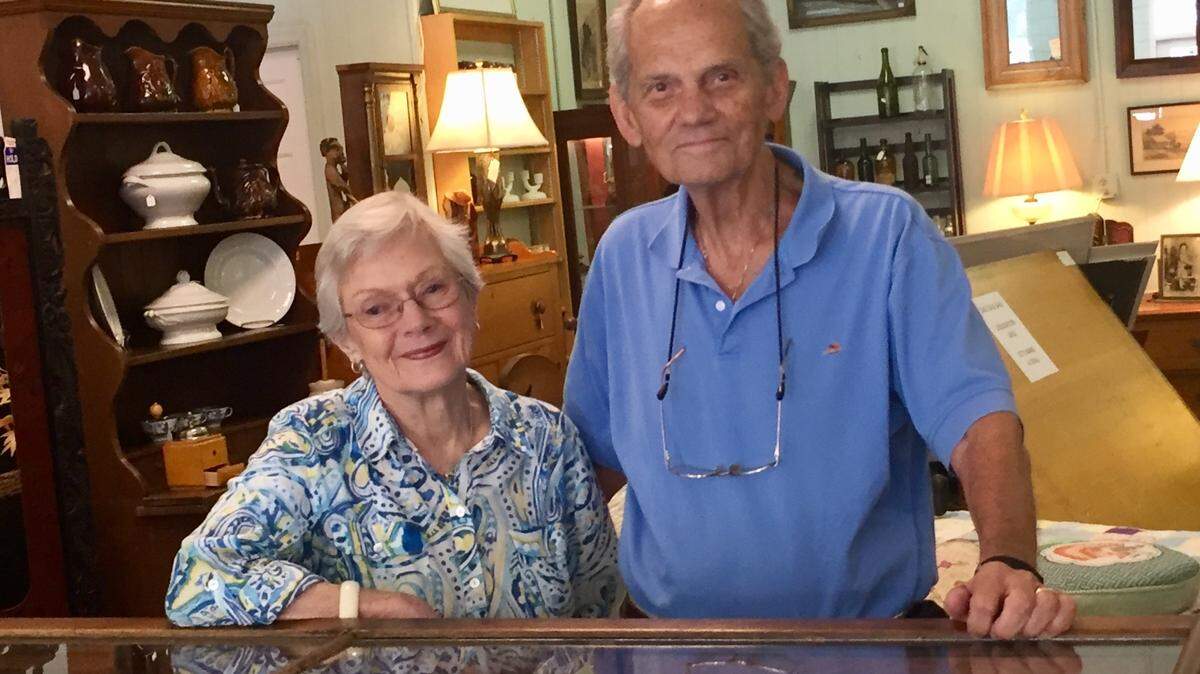 Teddy and Emmett McCracken pose at the Stock Farm Antiques store in downtown Bluffton that will close by the end of the year. His mother, Naomi McCreary McCracken, opened it in 1953.