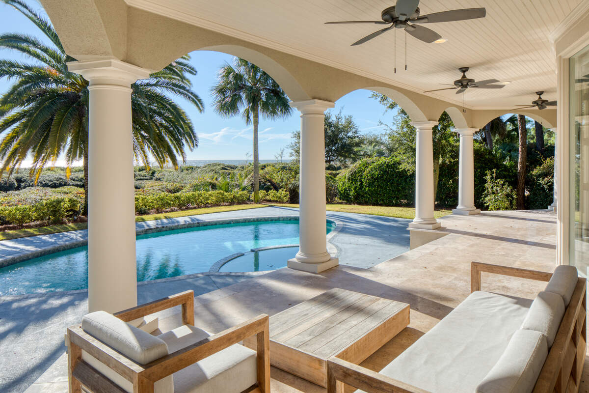 A poolside view found at 38 Ensis Road on Hilton Head Island, SC.