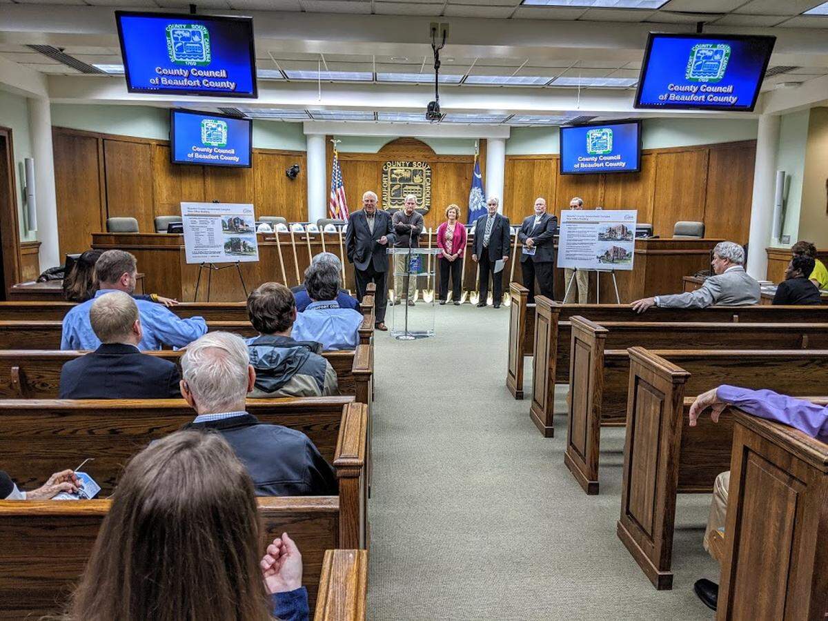 Beaufort County Council Chairman Stu Rodman unveils the plans for the new Arthur Horne government building inside the council chambers.