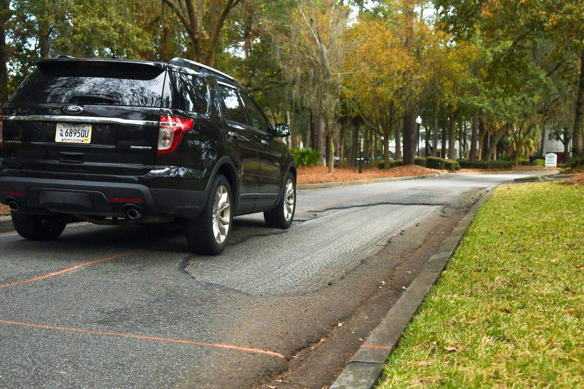 A portion of Main Street highlighted with paint that will be repaired by the Town of Hilton Head Island. The town recently accepted ownership of several roads that were once the responsibility of Commercial Property Owners’ Association of Main Street.