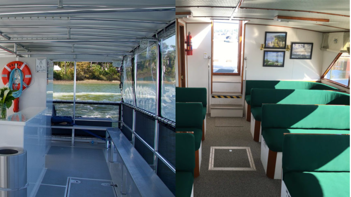 The inside of the temporary catamaran (left), which is currently being used, compared to the inside of the Palmetto Merchant and the Palmetto Trader (right), which Lowcountry Ferry said it would have in it’s proposal.