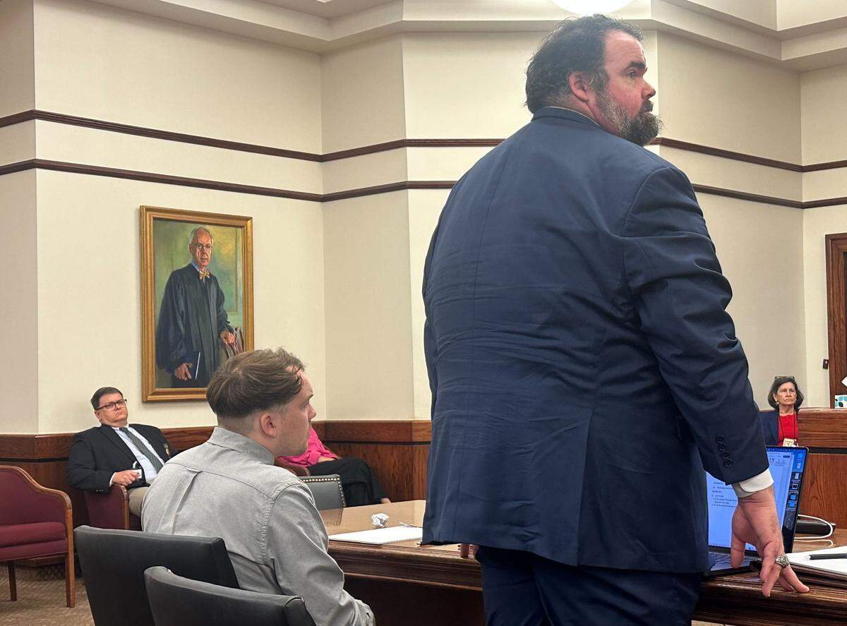 John Patrick Shea (left) sat alongside Beaufort-based defense attorney Jonathan E.B. Lewis as his lawyer spoke to the judge in the Beaufort County Courthouse before his murder trial began the morning of June 24, 2025. Charged with the murder of his ex-girlfriend, 25-year-old Jillian Angner of the Okatie area, Shea faced a life sentence in prison and the possibility of the death penalty.
