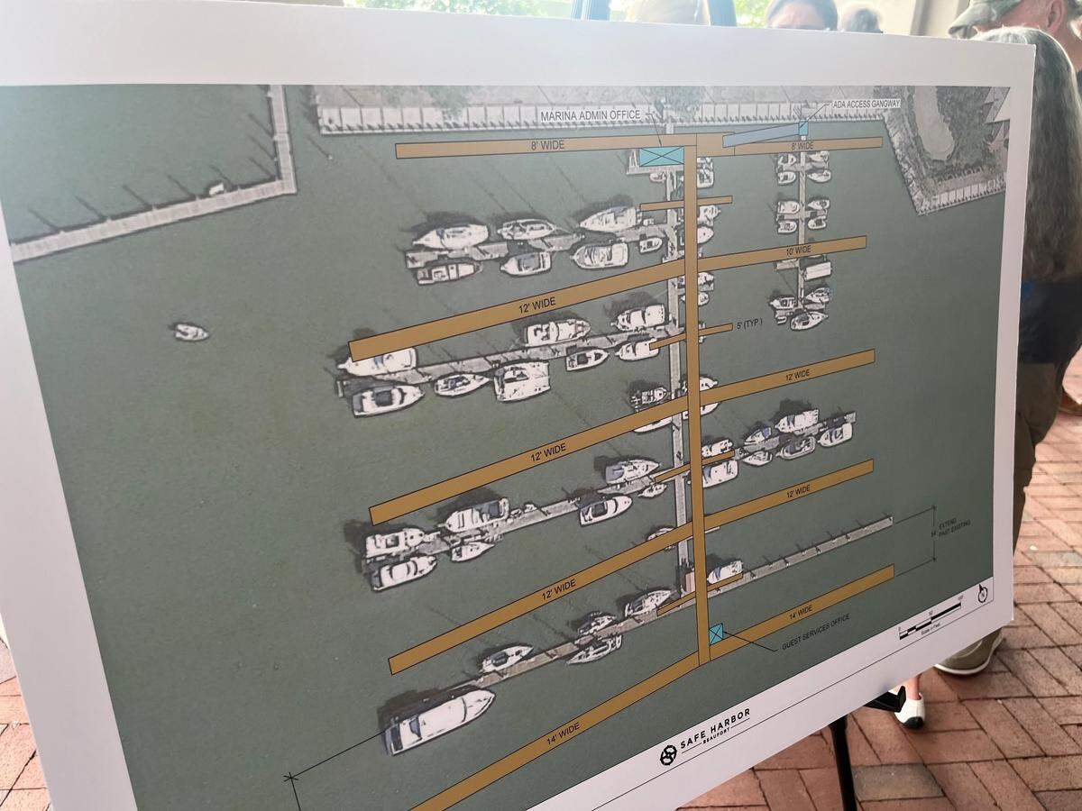 Safe Harbor displayed a new design for Beaufort’s downtown marina at Waterfront Park Thursday. It is not much bigger than the current marina but all the docks will be replaced, Safe Harbor says.