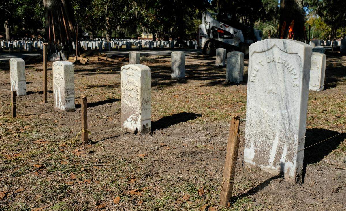 In a multimillion-dollar campaign, headstones at the Beaufort National Cemetery are being straightened, leveled and aligned after years of settling. These headstones, as seen on Tuesday, Nov. 9, 2021, in Section 38 of the historic cemetery, are primarily veterans who fought in the Civil War.