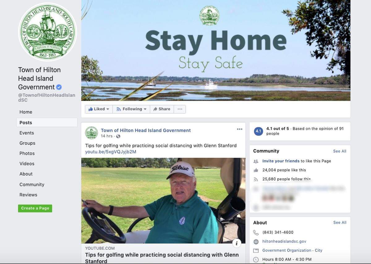 The Town of Hilton Head Island government Facebook page on April 9, 2020. The banner photo encourages people to “stay home” and “stay safe,” while the town’s most recent post is a video of a town council member explaining how to play golf safely during the pandemic.